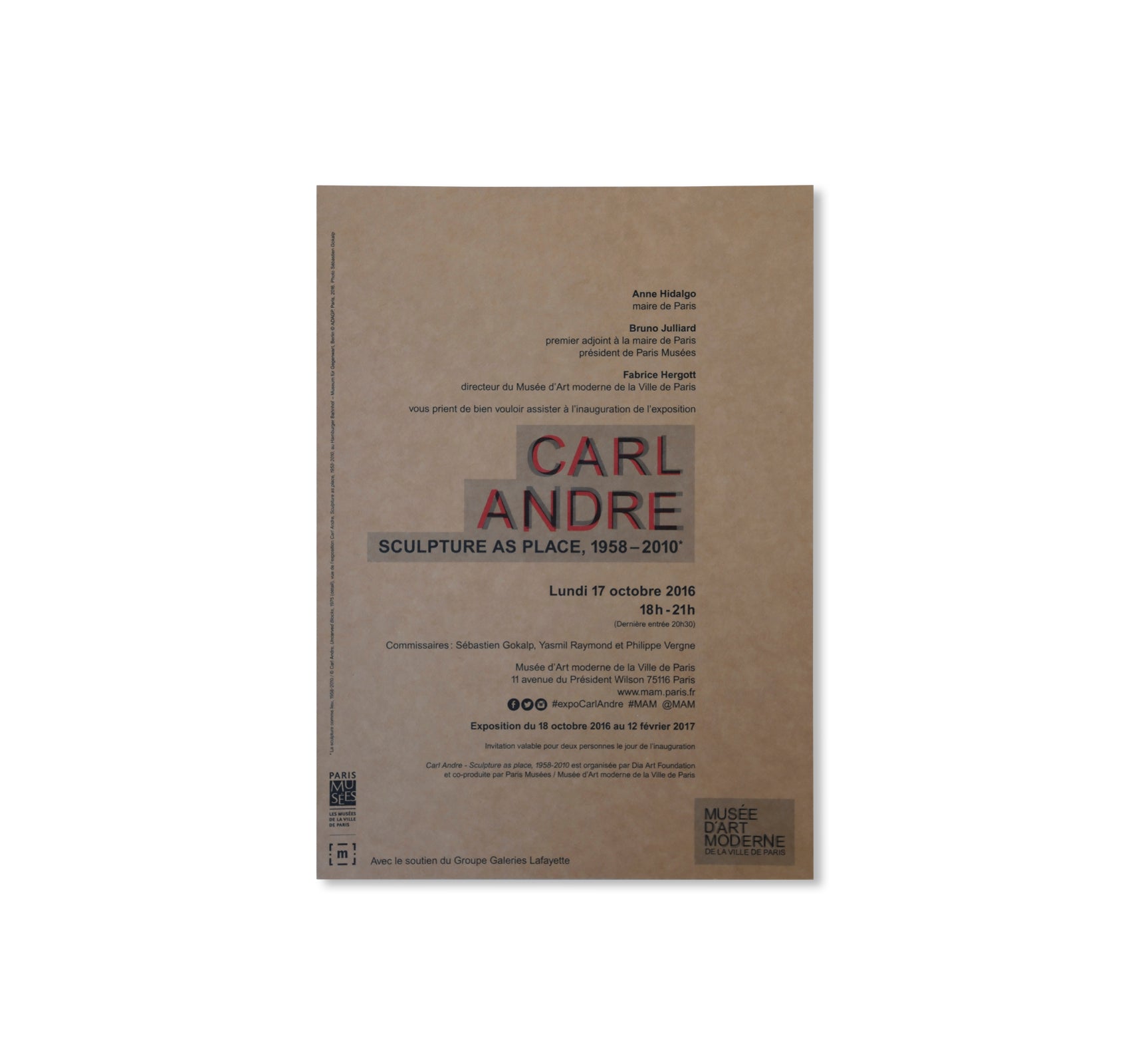 CARL ANDRE: SCULPTURE AS PLACE, 1958-2010 - INVITATION (2016) by Carl Andre